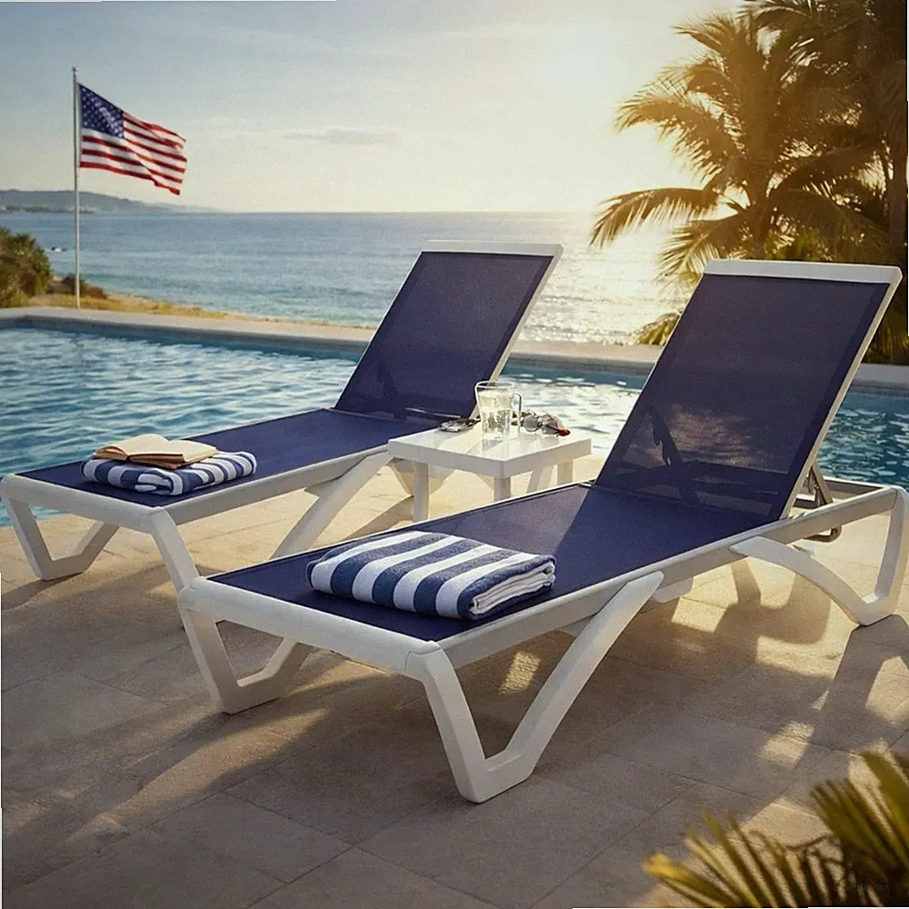 2 Piece Adjustable Patio Chaise Lounge Set with Table, Aluminum Frame Navy Blue