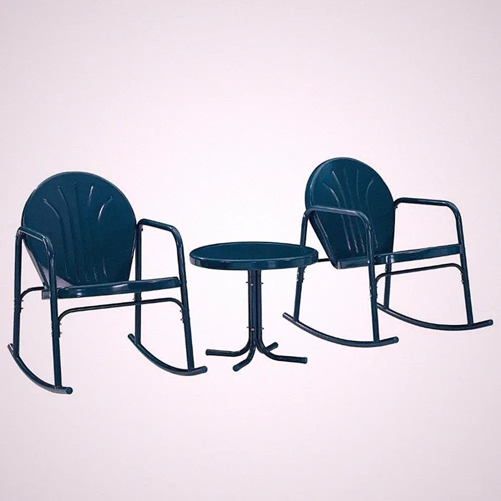 Crosley Furniture Griffith 3 Piece Metal Outdoor Rocking Chair Set in Navy Gloss