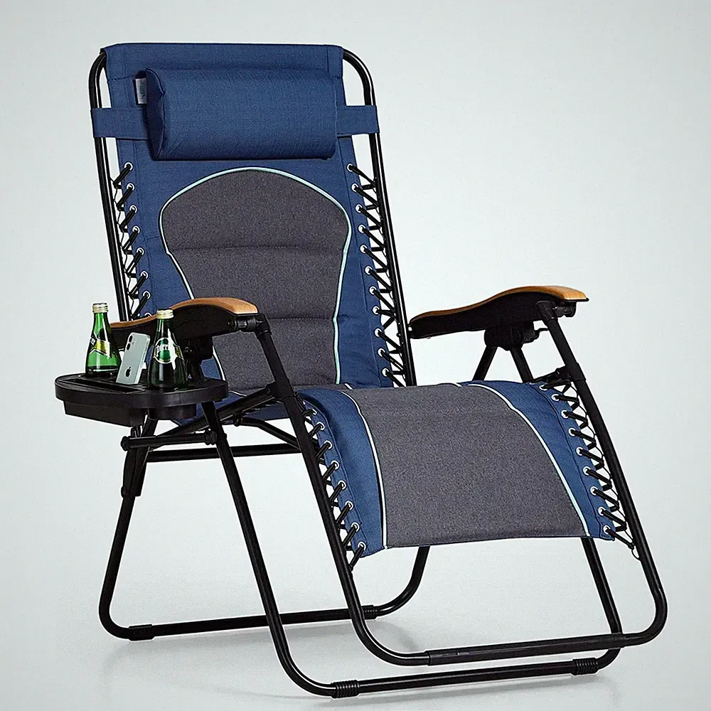 Folding Zero Gravity Reclining Lounge Chair Oversize Outdoor Beach Patio W/ Tray