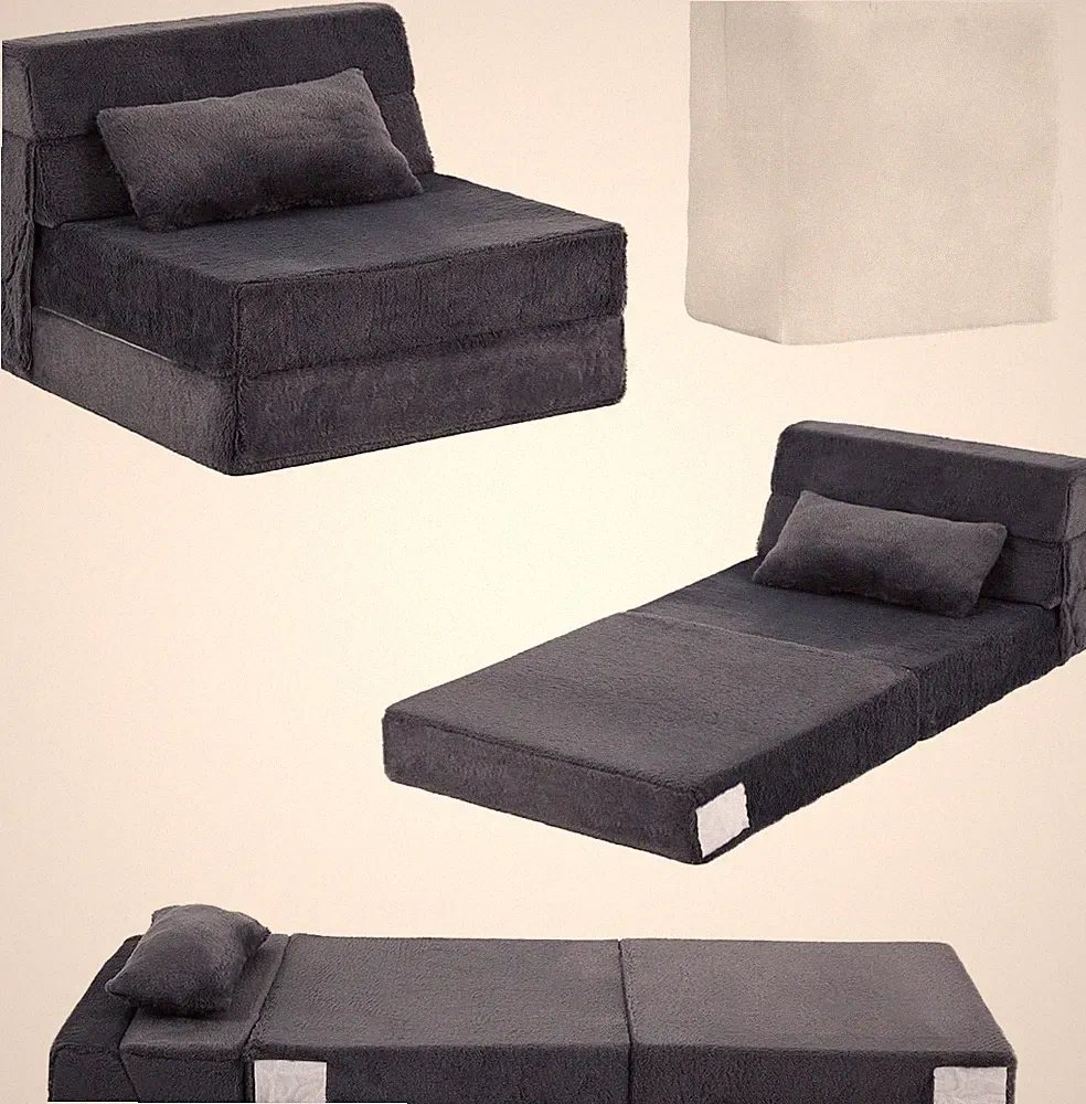 Kids Folding Sofa Bed with Pillow, Portable Plush Lounger, Navy Blue