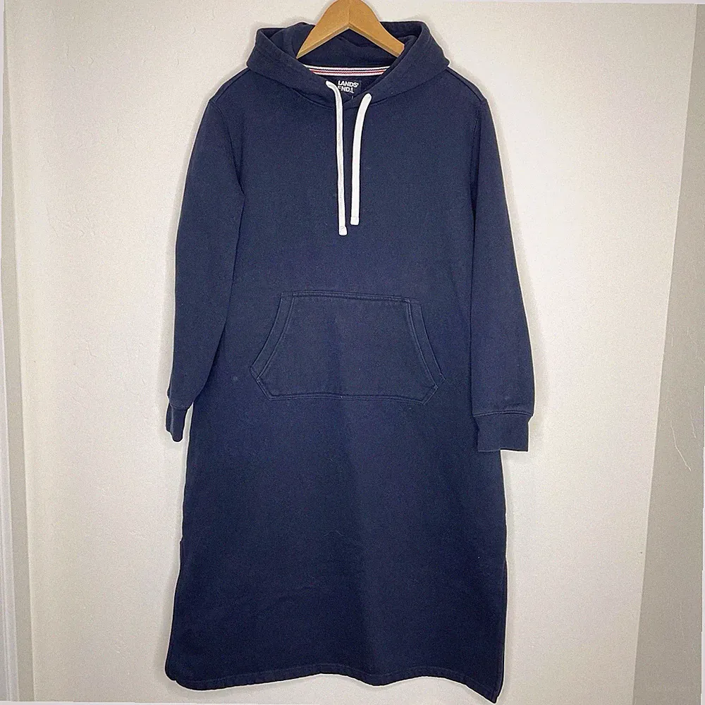 Lands’ End Lounger Hooded Sweatshirt Dress Womens Small Navy Blue Midi