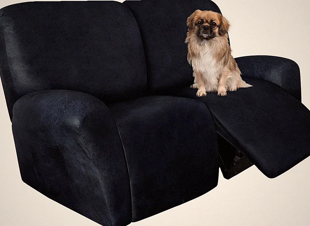 Leather Look Recliner Cover for 2-Seater Loveseat, Washable, Navy, 6 Pieces