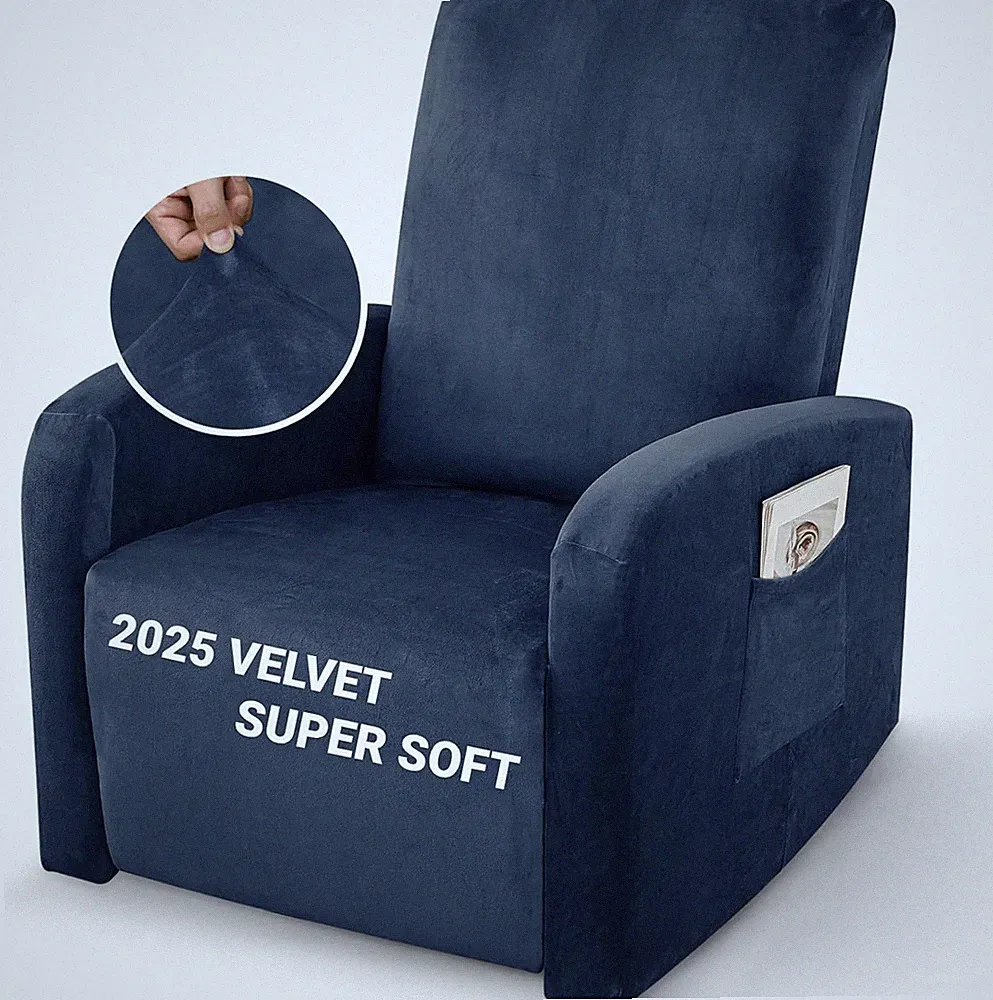 Luxury Navy Blue Velvet Recliner Cover 3-Piece with Elastic & Ties