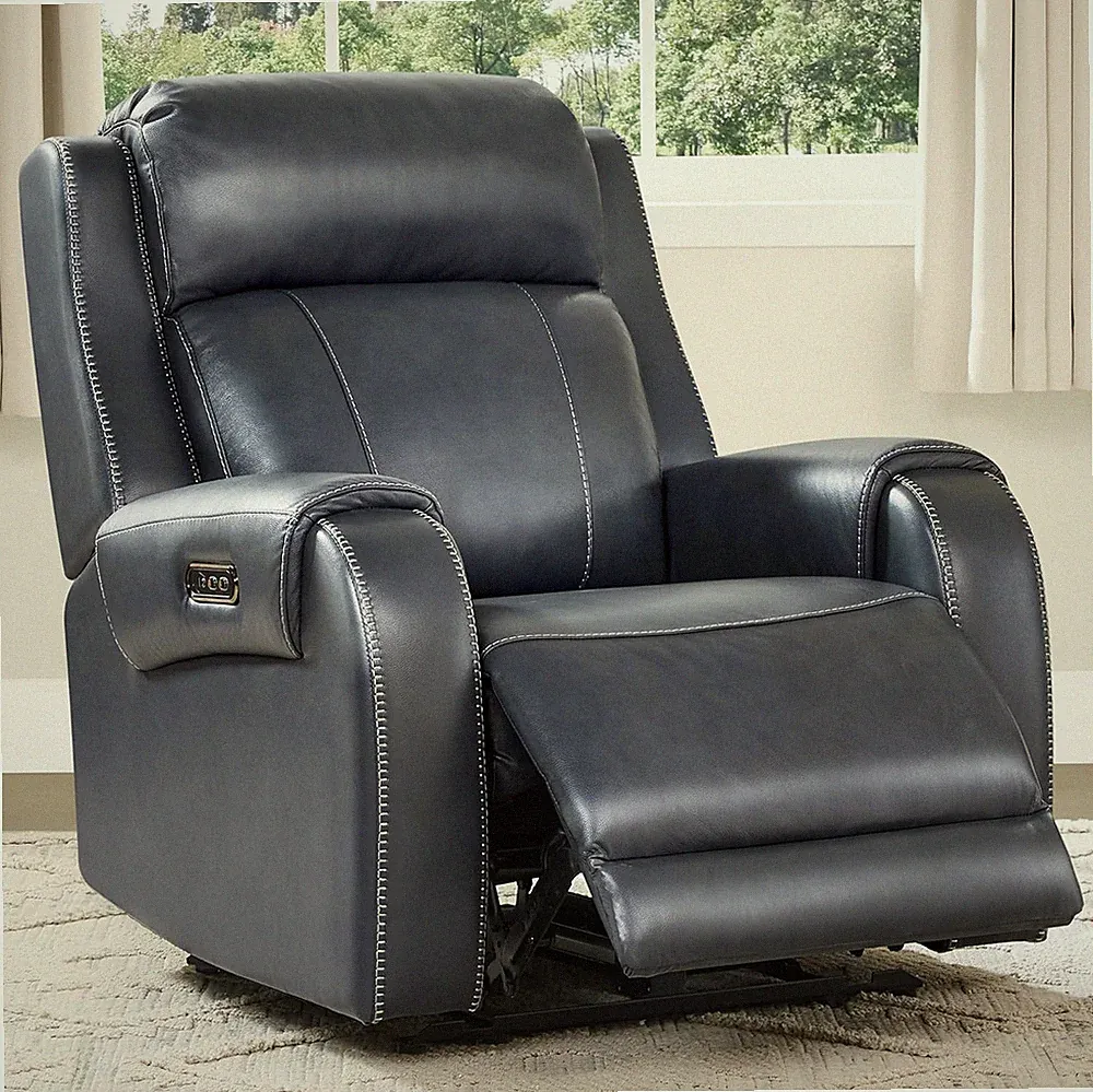 Navy Blue Leather Power Recliner Chair with USB Ports & Adjustable Headrest