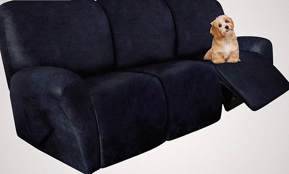 Navy Blue Recliner Sofa Covers - 8-Piece Stretch Leather-Like Protector Set
