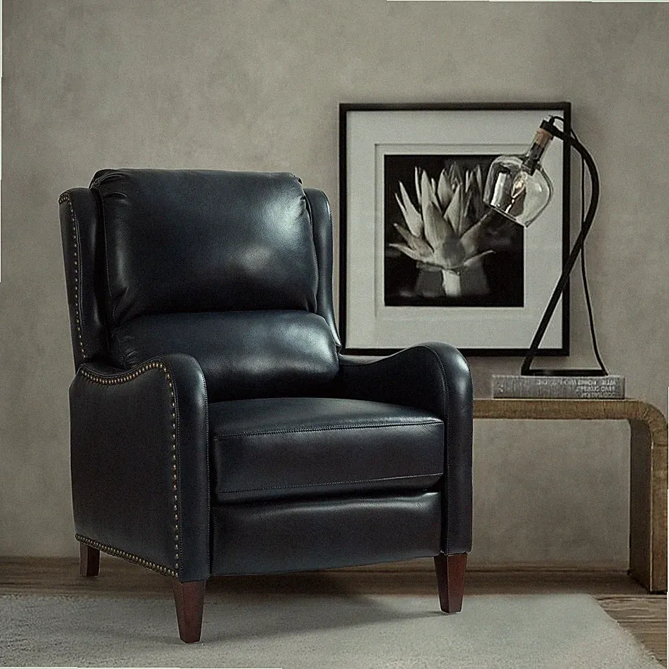 Navy Blue Top Grain Leather Pushback Recliner Club Chair Armchair Wingback NEW