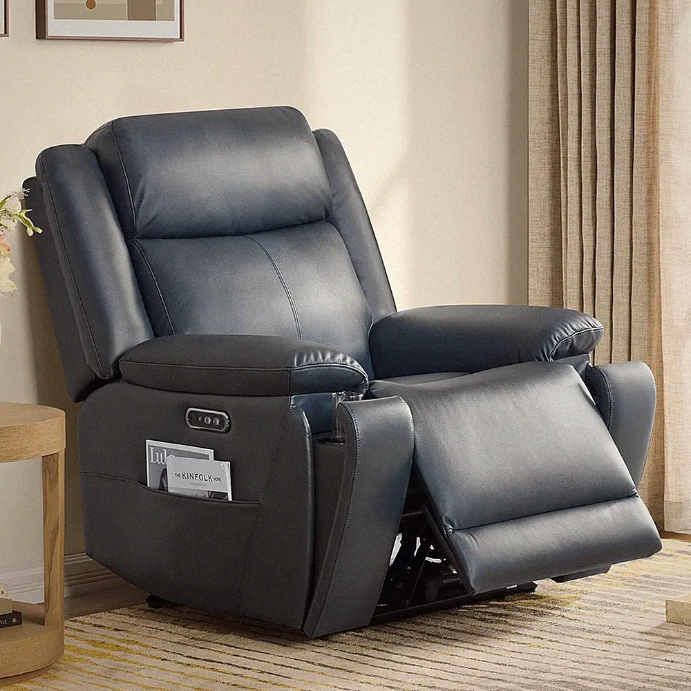 Power Leather Recliner Chair with USB Ports - Navy, Dual Motor, Adjustable